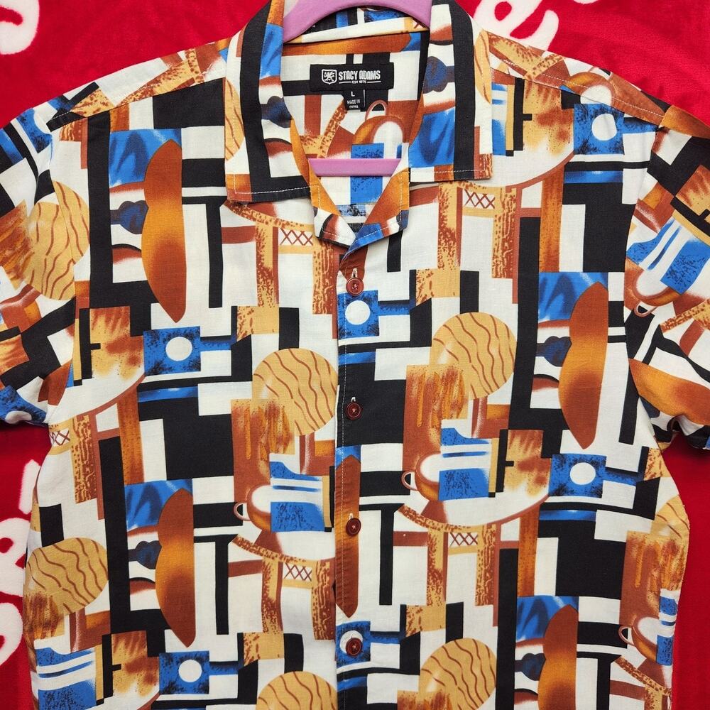 Stacy Adams Men Large Abstract Geometric Button Up Shirt Linen Blend Retro Camp